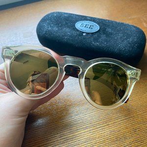 SEE sunglasses in tortoise, yellow acetate, and yellow polarized lenses